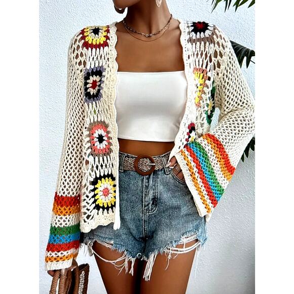 Retro Crochet Open Front Long Sleeve Boho Cardigan Beige size S (4) - Picture 3 of 6